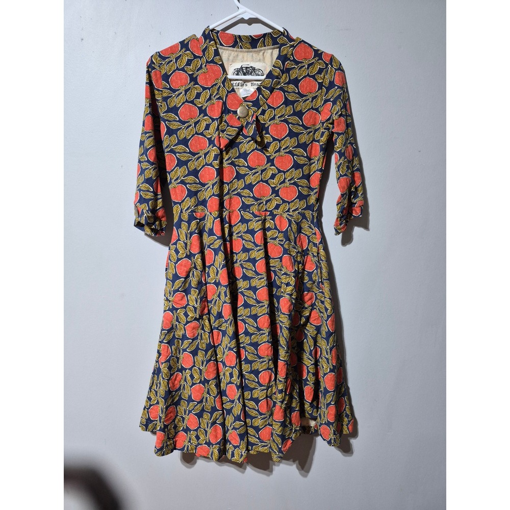 Effie's Heart Navy Blue Apple Print Fit & Flare Dress 3/4 Sleeve Size L